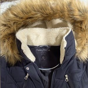 Nautica navy blue winter jacket with fur hood.